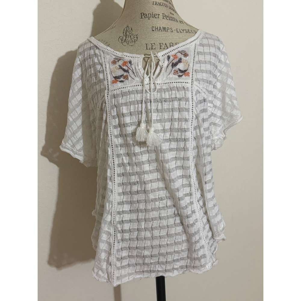 Free People White Striped Floral Embroidered Boho Tassel Peasant Top Medium